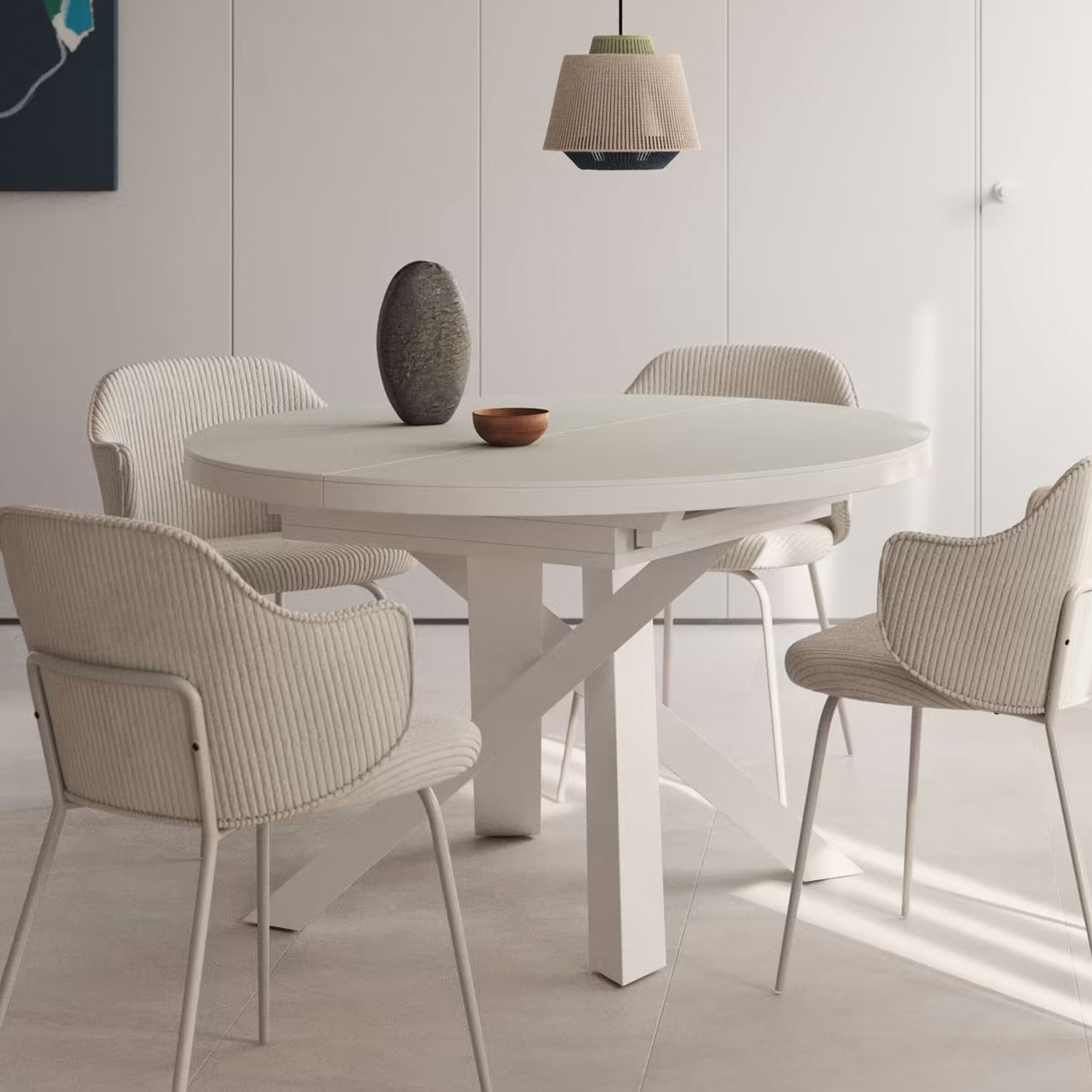 Kave Home Uitschuifbare Ronde Eettafel 'Vashti' Glas, 120-160 x 120cm, kleur Wit
