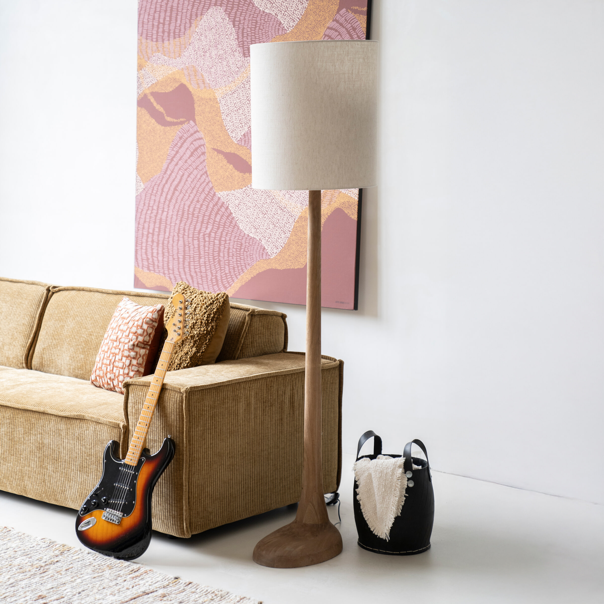 By-Boo Vloerlamp 'Rine' Mangohout en Linnen, kleur Bruin