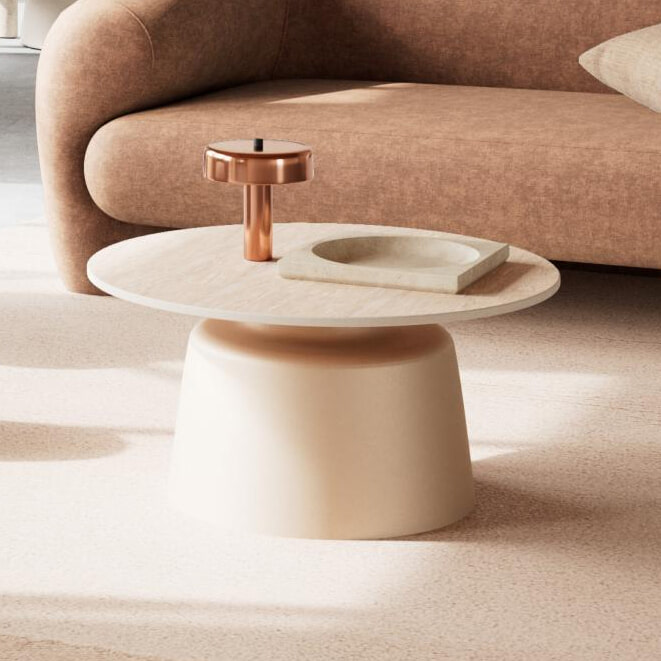 Bendt Ronde Salontafel 'Waleed' Keramiek in travertinlook, 70cm, kleur Beige