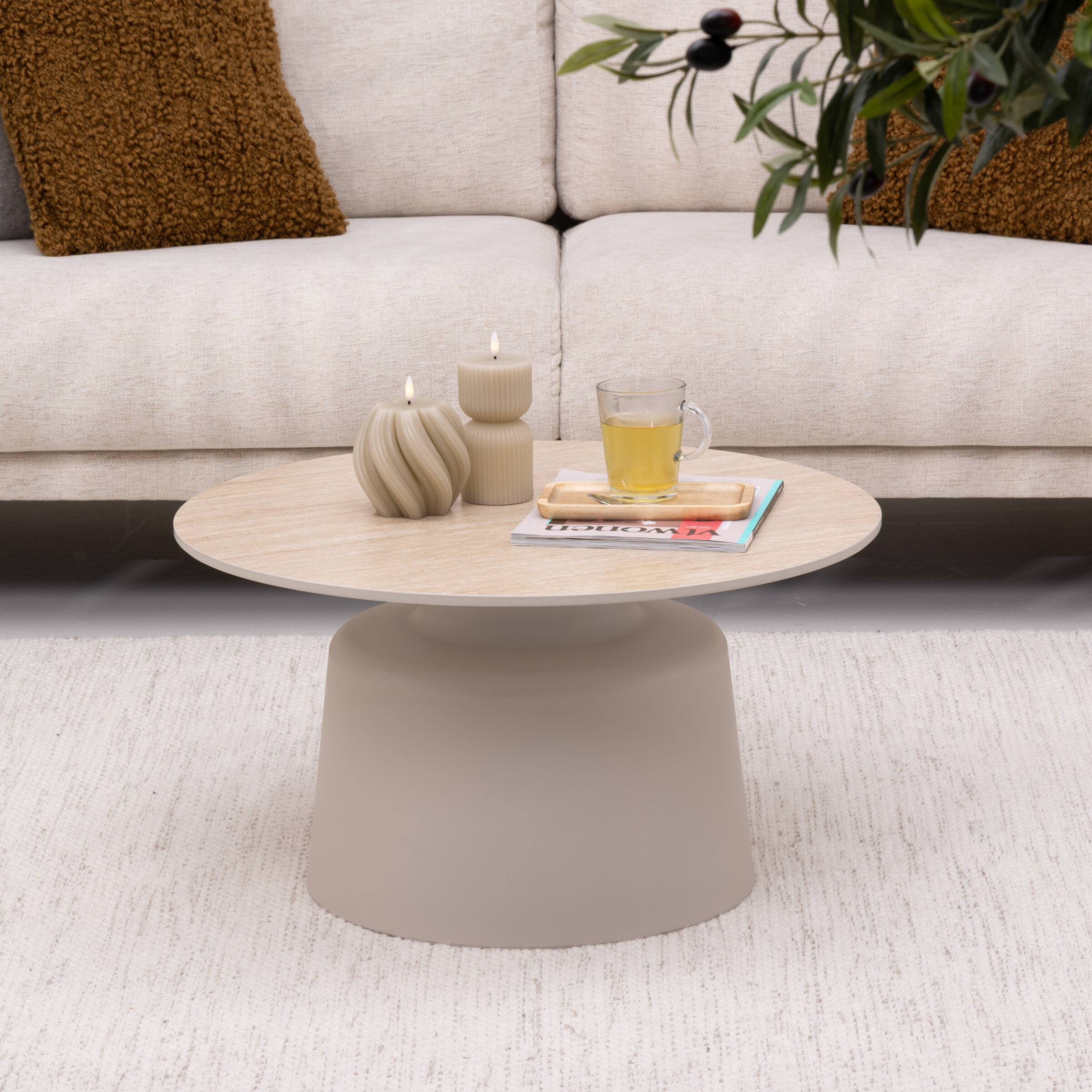 Bendt Ronde Salontafel 'Waleed' Keramiek in travertinlook, 70cm, kleur Beige
