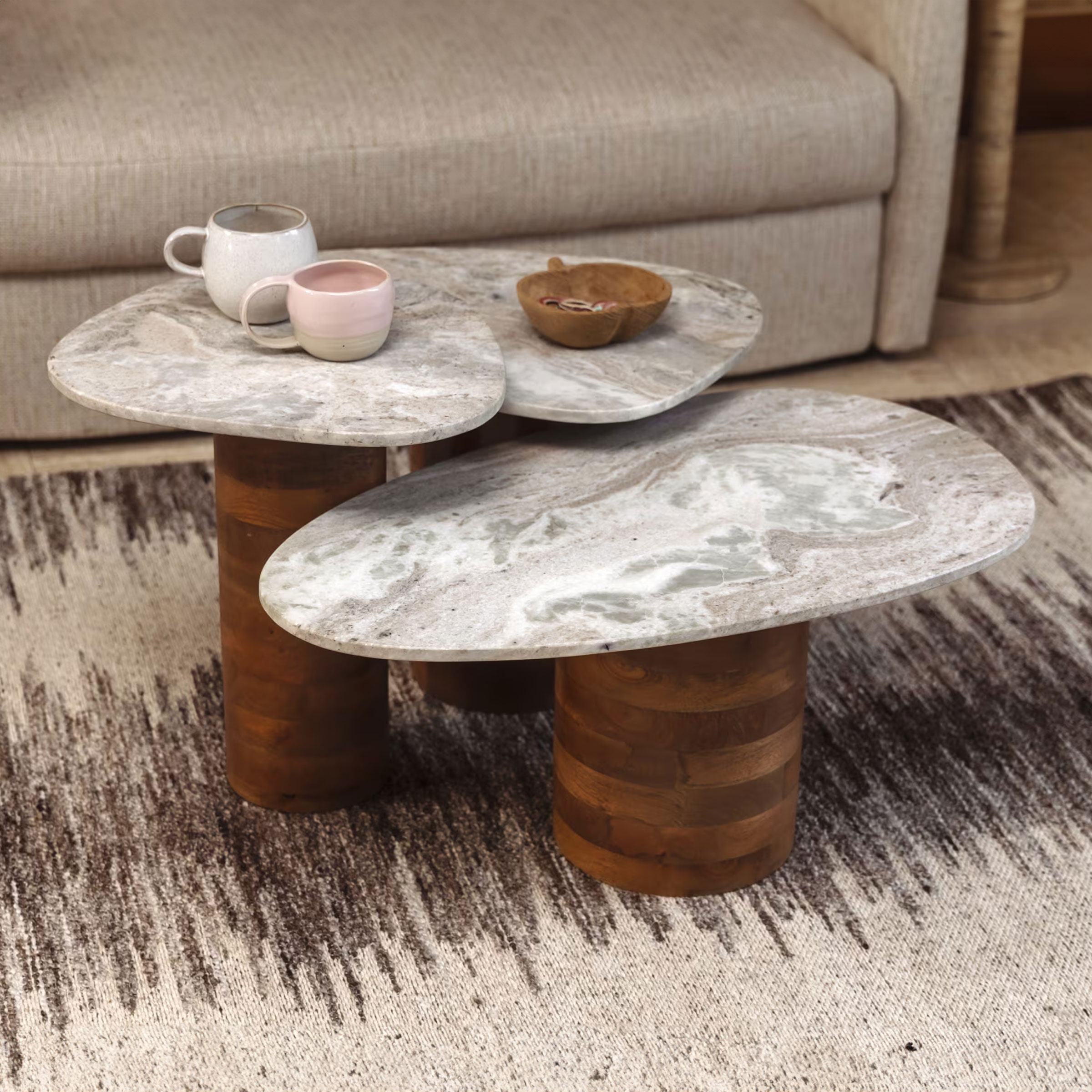 Dutchbone Organische Bijzettafel Suki Marmer en mangohout, Set van 3 stuks - Wit
