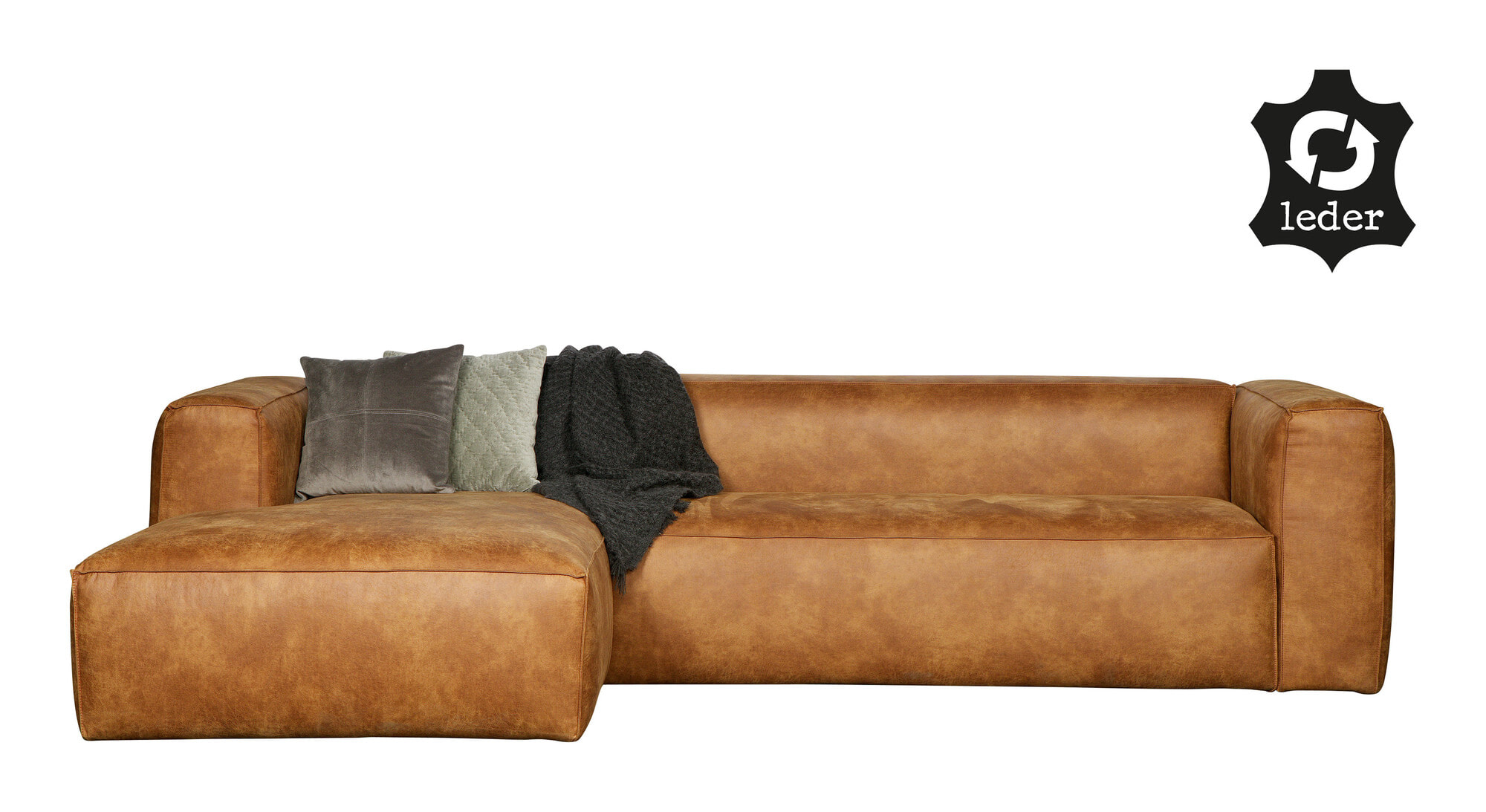 WOOOD Hoekbank 'Bean' Links, leder cognac