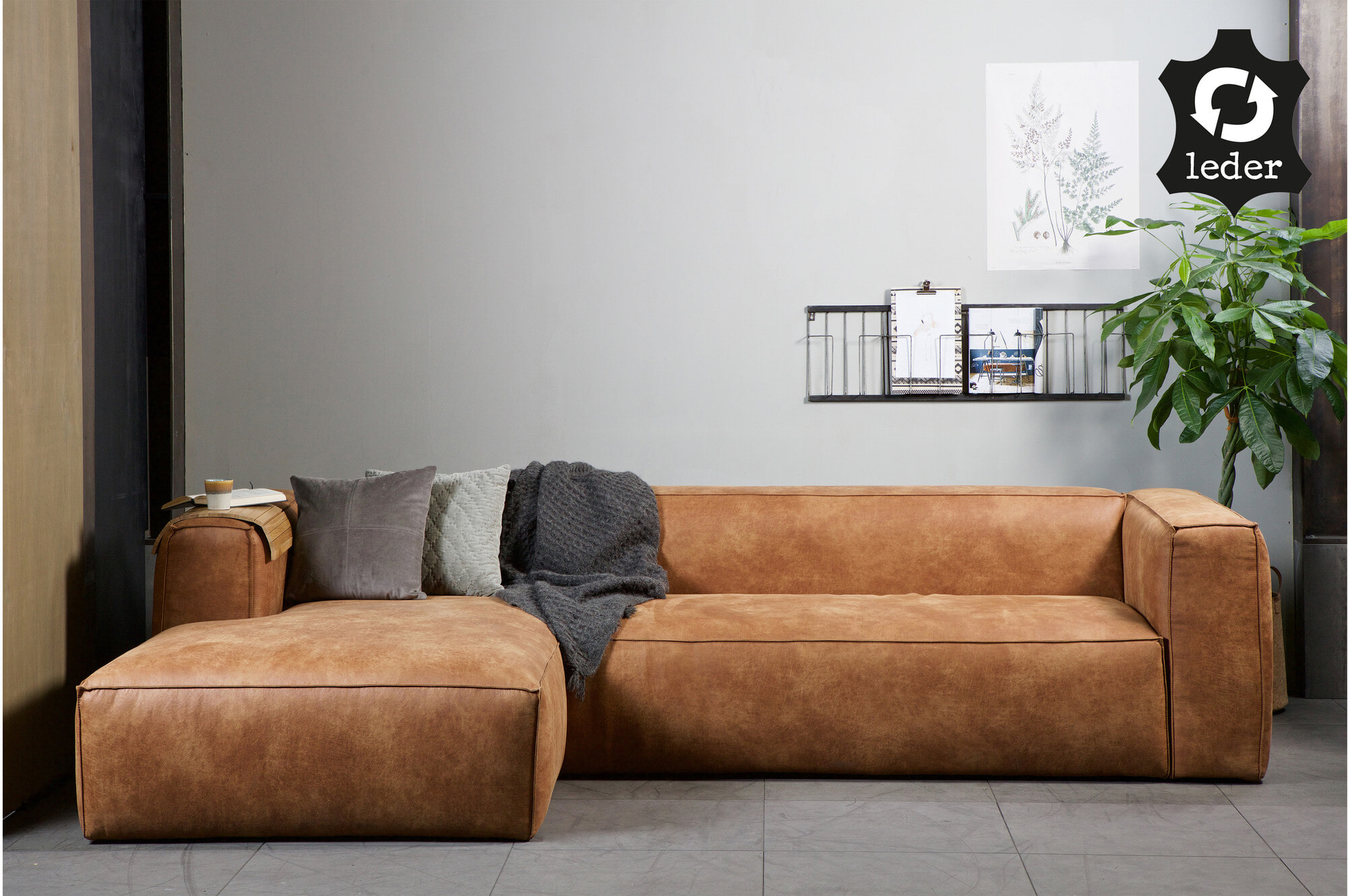 WOOOD Hoekbank 'Bean' Links, leder cognac