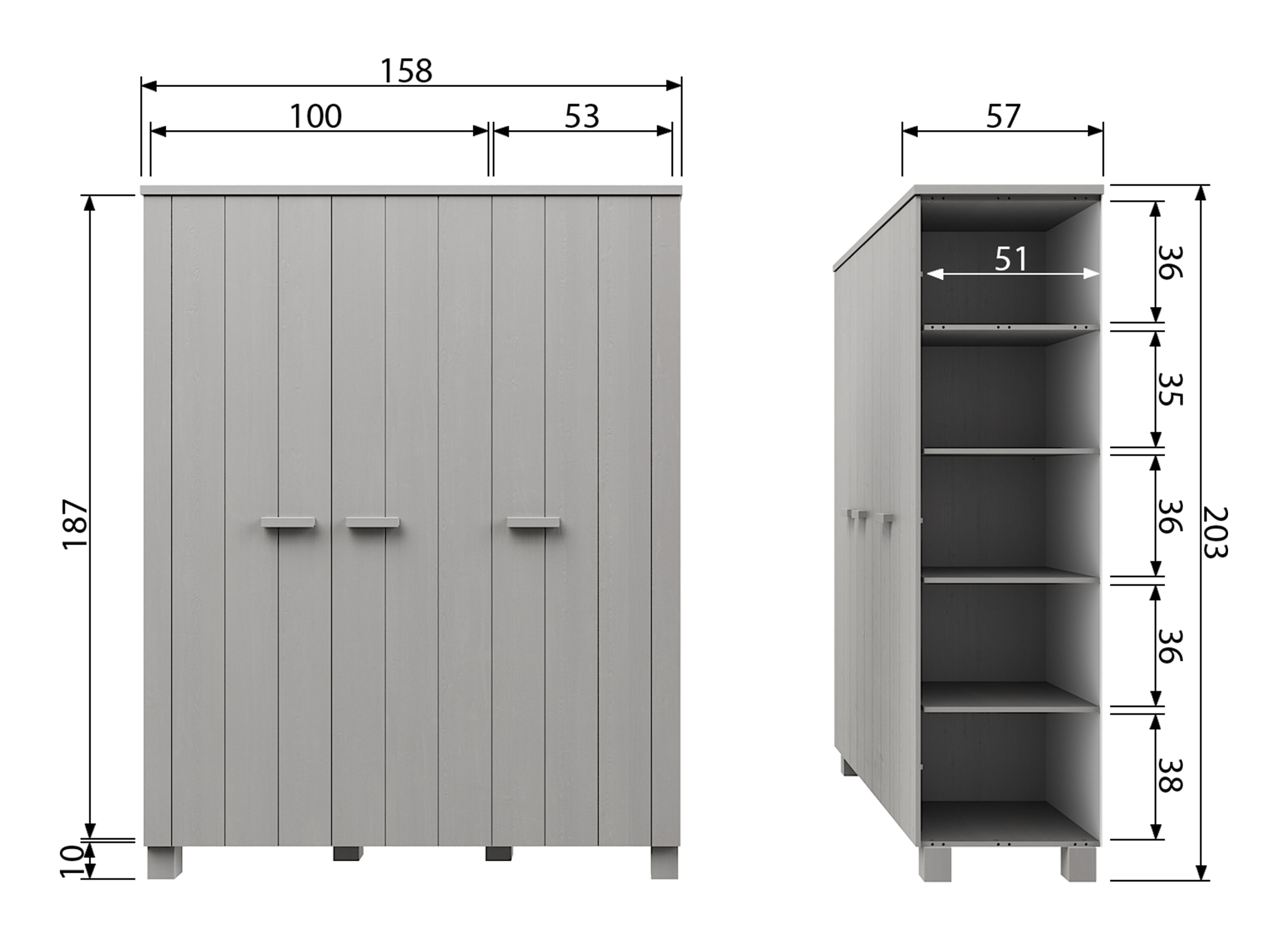 WOOOD Kledingkast 'Dennis' 3-deurs, kleur Betongrijs