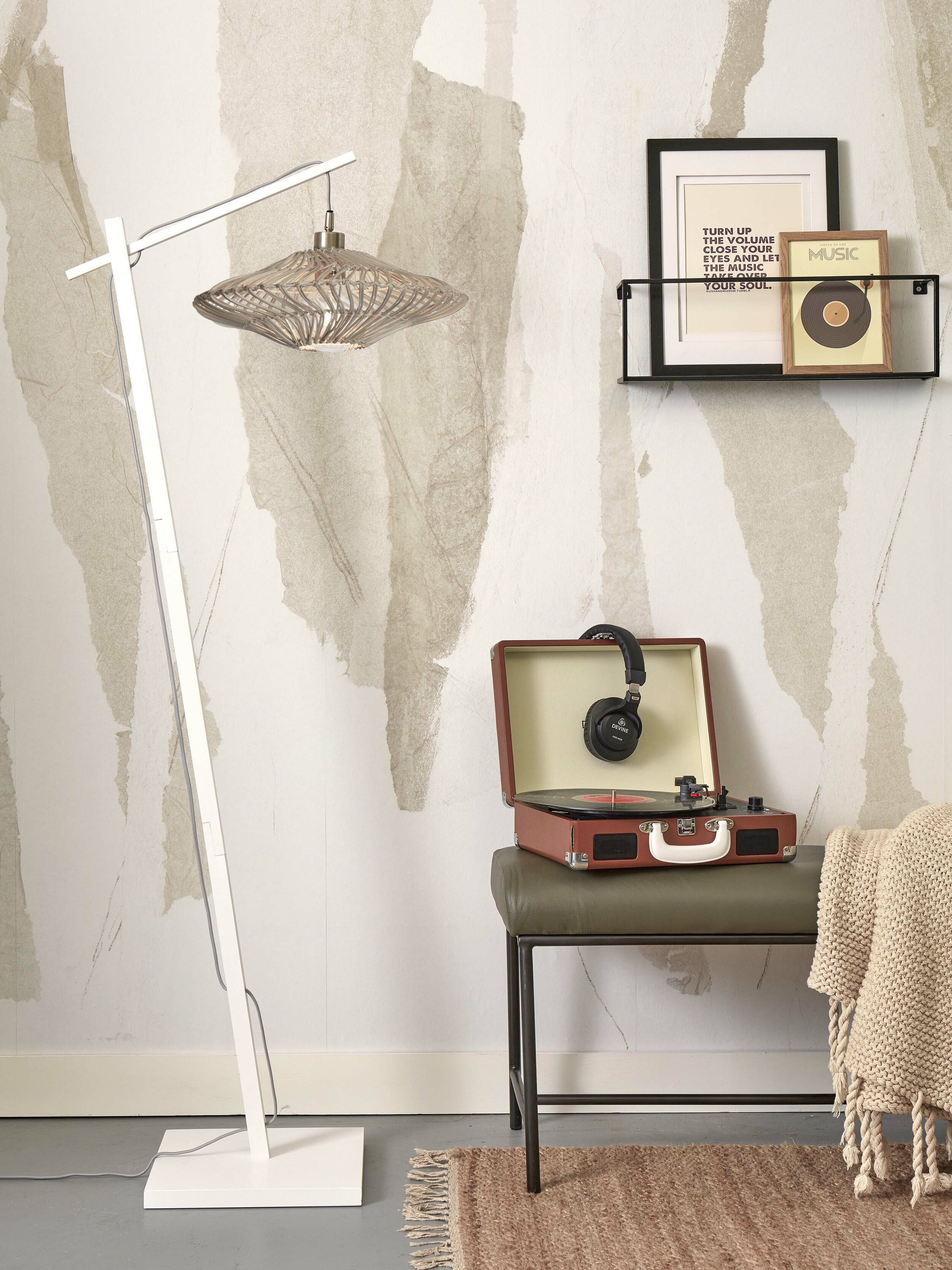 GOOD&MOJO Vloerlamp 'Zanzibar' Bamboe en rotan, 150cm, kleur Wit
